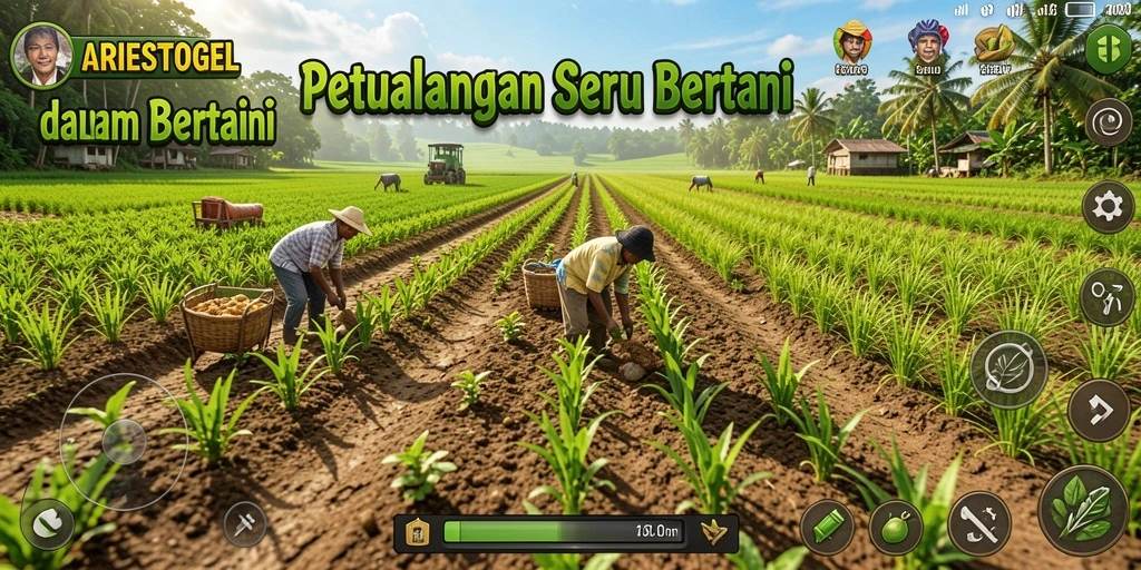 Screenshot dari gameplay <strong>ARIESTOGEL</strong> menunjukkan keseruan bertani dan hasil panen.
