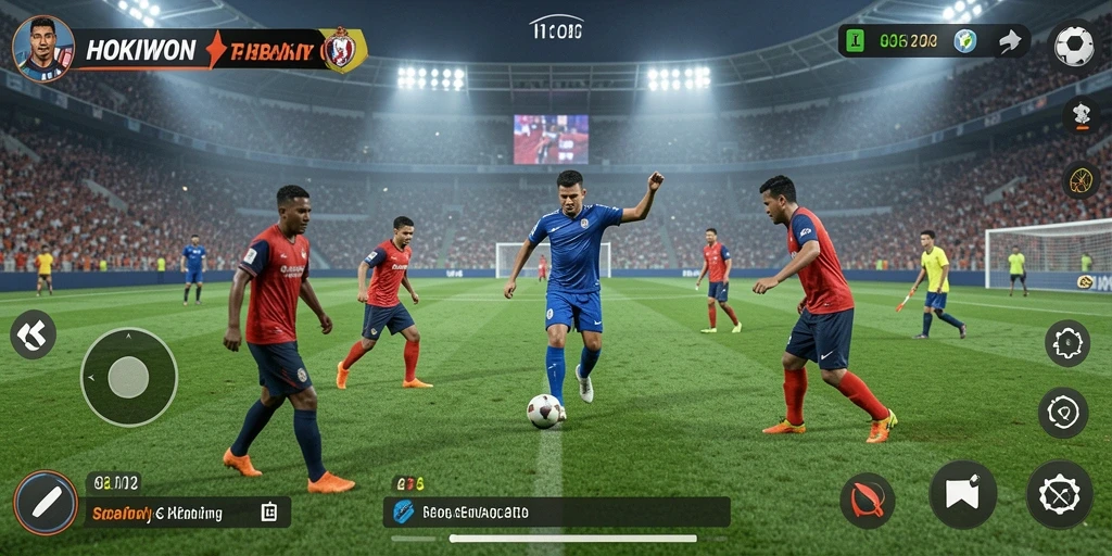 Tangkapan layar HOKIWON menampilkan aksi sepak bola yang mendebarkan.