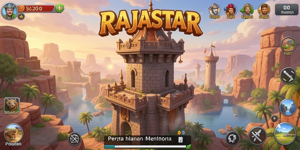 Tangkapan layar menunjukkan intense gameplay dan berbagai menara dalam RAJASTAR.
