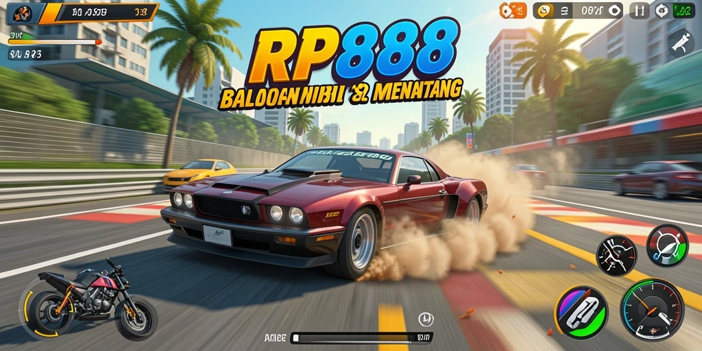 Tangkapan layar gameplay RP888 dengan mobil balap di lintasan.