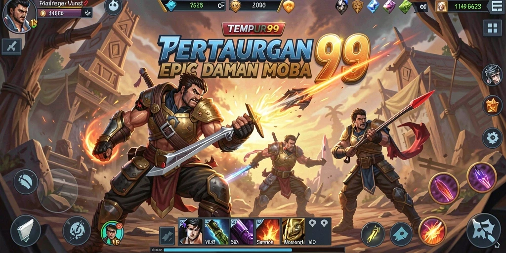Tampilan gameplay TEMPUR99 dengan pertarungan MOBA yang intens.