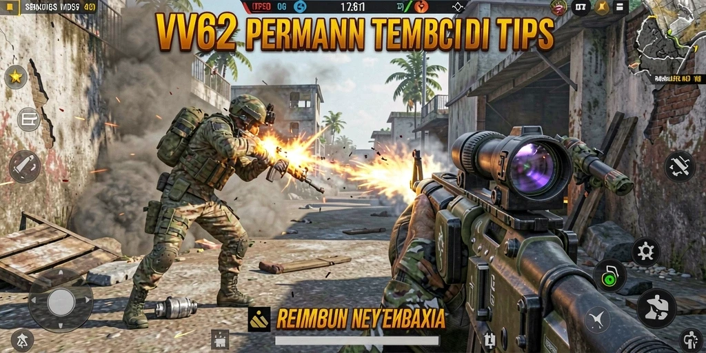 Screenshot utama VV62 menunjukkan aksi tembak-menembak yang intens di medan perang.