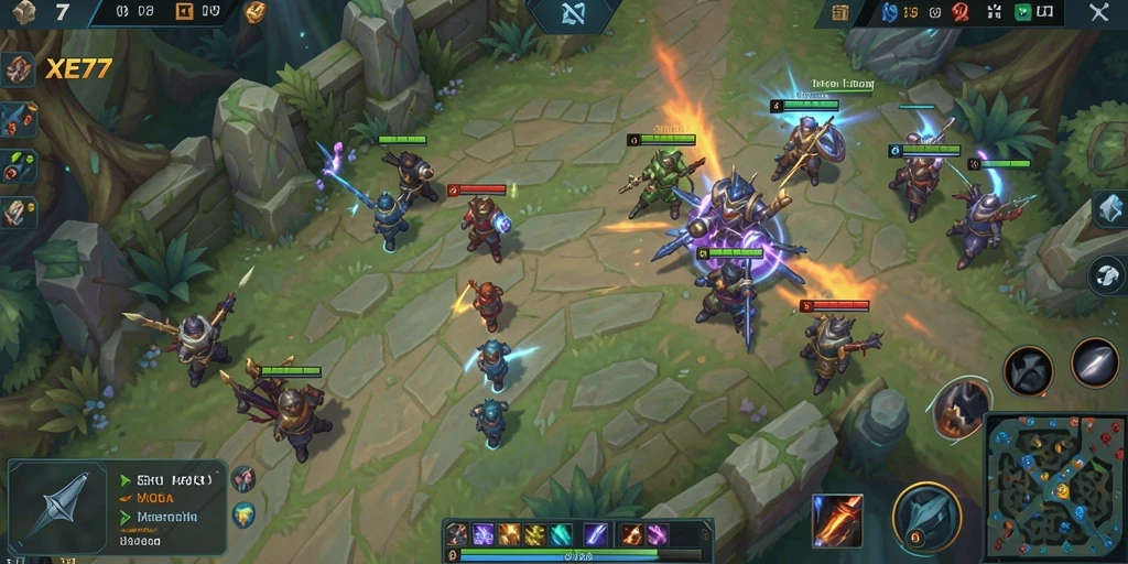 Screenshot menampilkan aksi intens dalam permainan MOBA XE77.